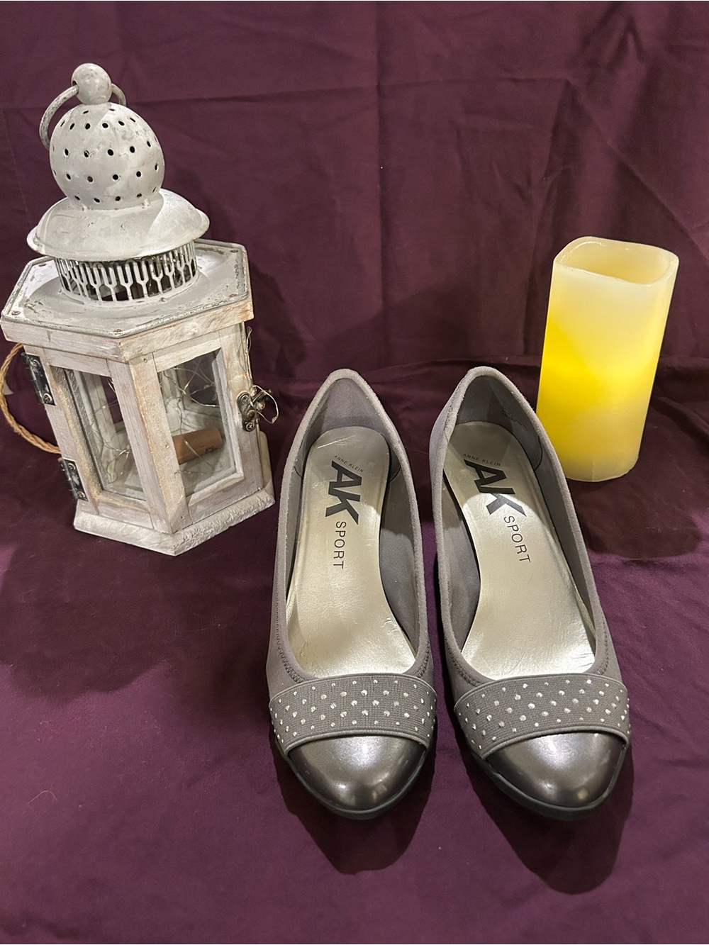 Anne Klein Gray Metallic Cap-Toe Flats with Stud Detail